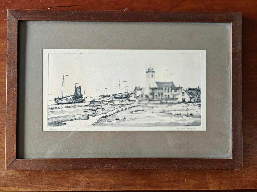 Ets "Katwijk aan Zee - anno 1900" door D.J. van Catwijck, Antiek en Kunst, Kunst | Etsen en Gravures, Ophalen of Verzenden