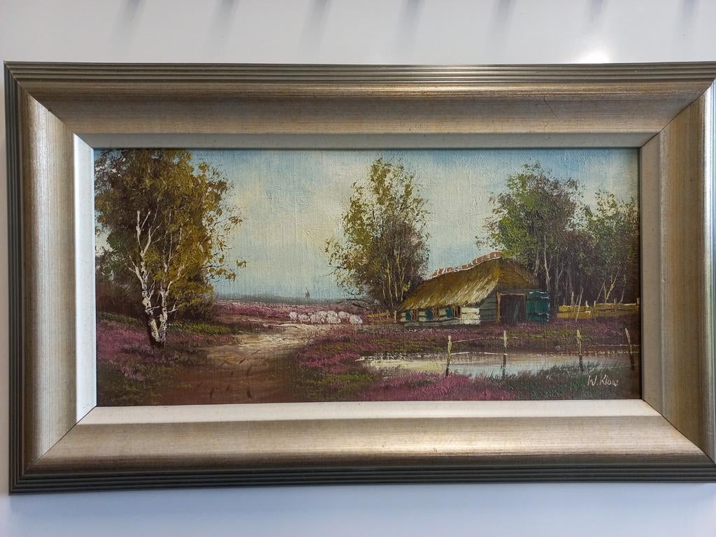 Schilderij W. Klou olieverf landschap met heide en schaapsku, Ophalen of Verzenden