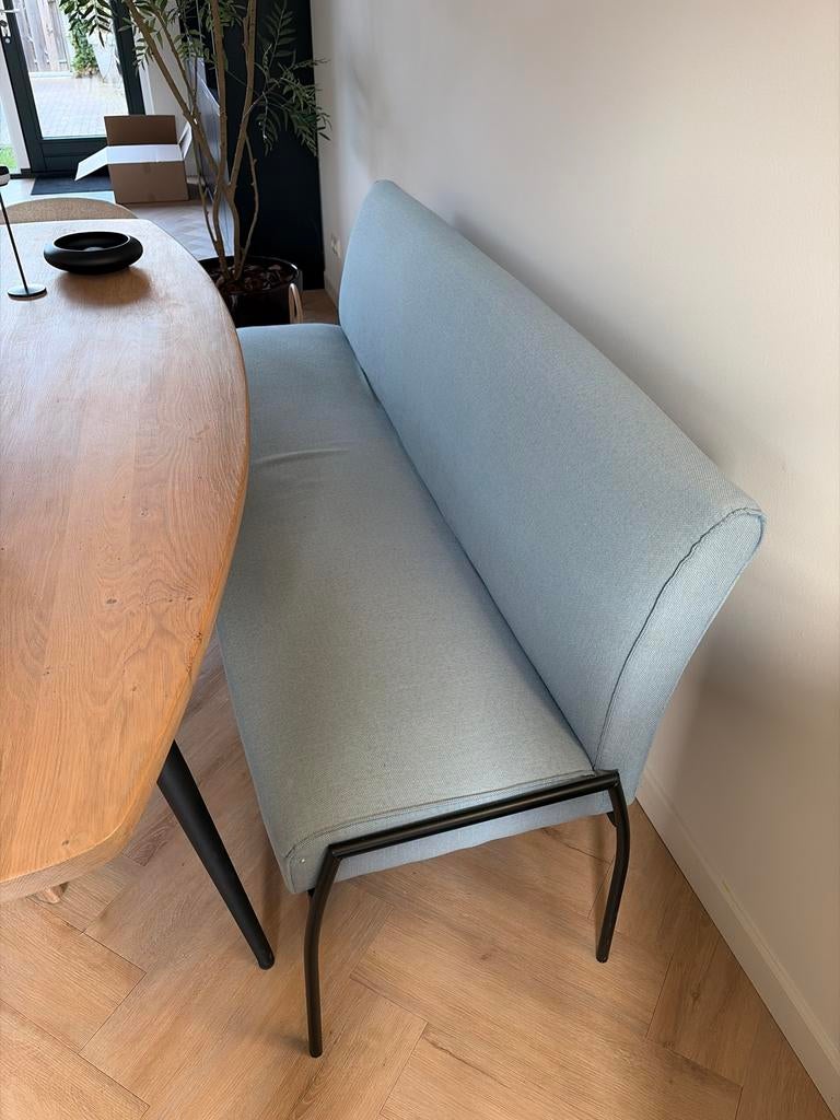 Moderne eetkamerbank - Blauwe stof, stalen poten, Ophalen, Zo goed als nieuw, Stof