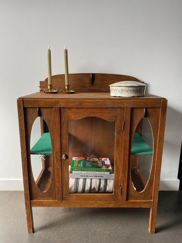 Theekastje | Vitrinekastje | Drankkastje eikenhout, Ophalen, Glas, 50 tot 100 cm, Minder dan 100 cm