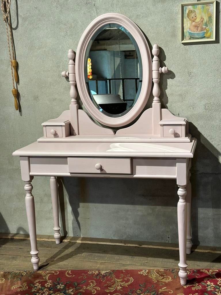 Brocante kaptafel - spiegel - roze - sidetable, Huis en Inrichting, Tafels | Kaptafels, Zo goed als nieuw, Minder dan 100 cm, 50 tot 100 cm