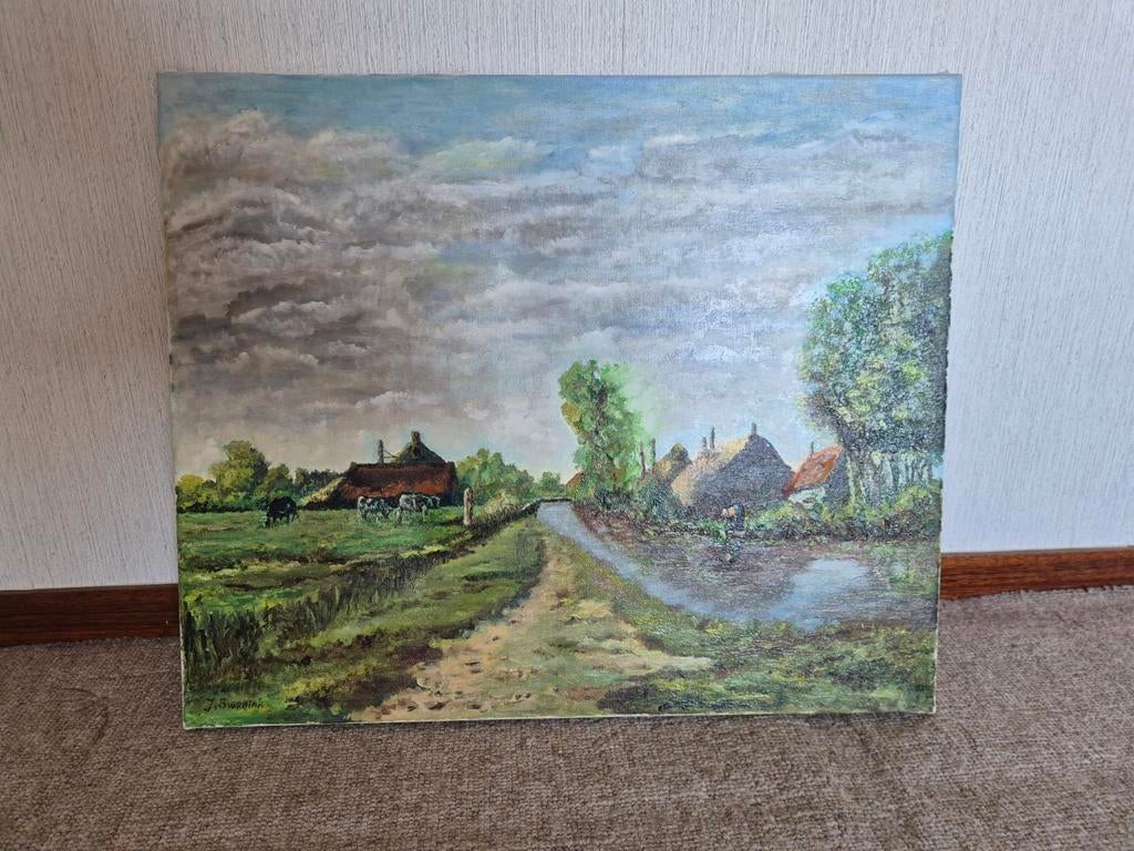 Amateur schilderij landschap met boerderijen en koeien, Ophalen