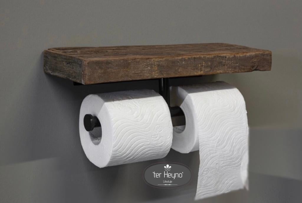 Oud houten toiletrol houder dubbel hout toilet stoer sober, Verzenden, Nieuw