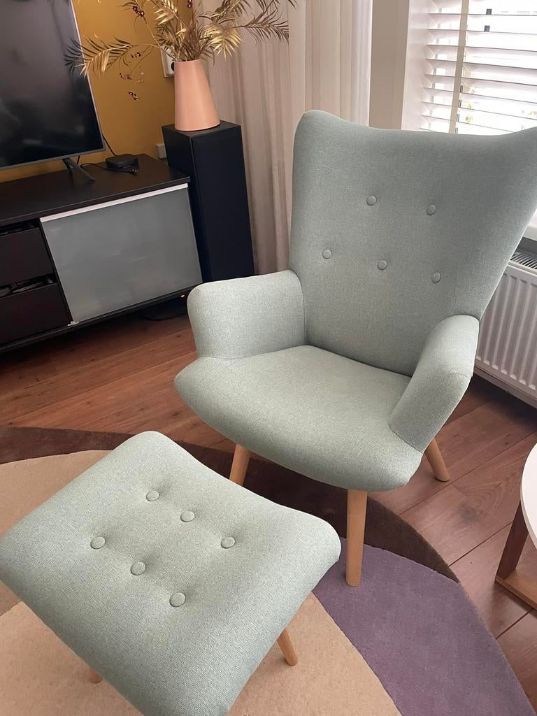 Fauteuil met hocker, Huis en Inrichting, Fauteuils, Ophalen, Gebruikt, 75 tot 100 cm, 50 tot 75 cm