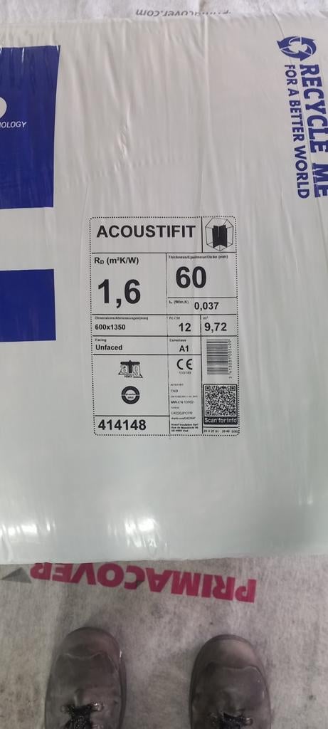 Acoustifit Glaswol Geluidsisolatie 60mm, Ophalen, 4 tot 8 cm, Nieuw, 15 m² of meer