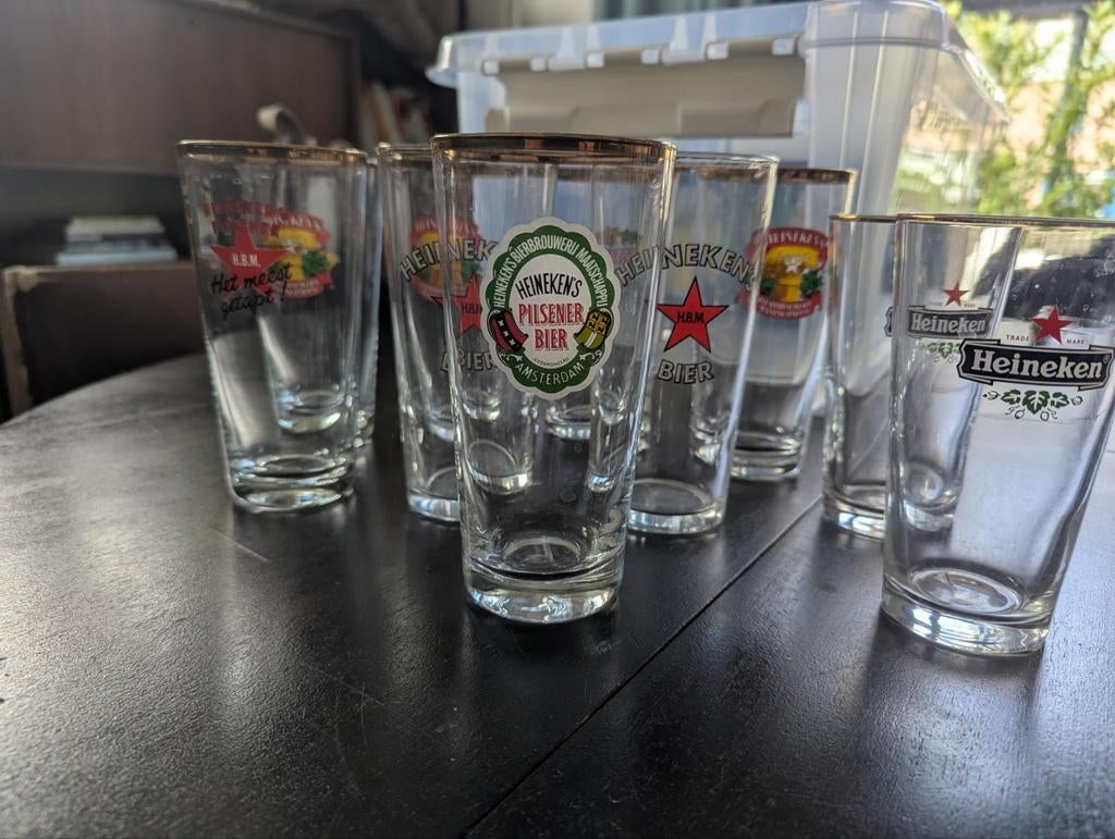 Vintage Heineken bierglazen, 11 stuks, Verzamelen, Biermerken, Ophalen, Zo goed als nieuw, Glas of Glazen, Heineken
