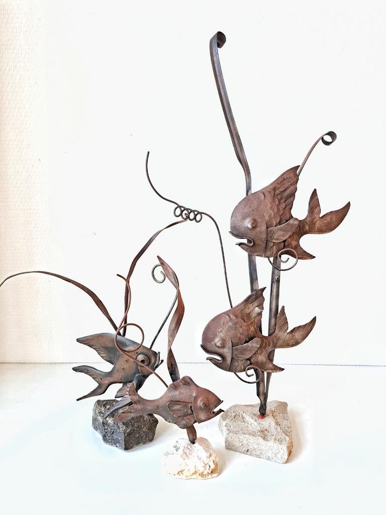 Vintage metalen vissen sculpturen set - jaren '60, Ophalen of Verzenden