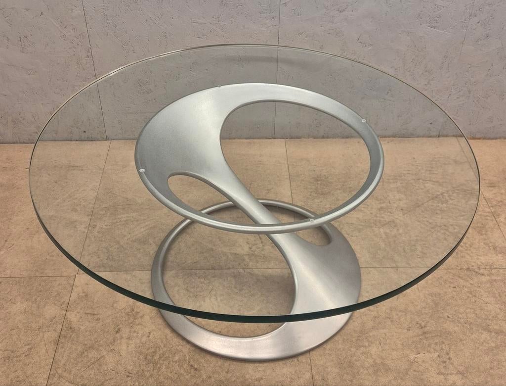 Vintage Knut Hesterberg salontafel glas alu space age Ø99, Huis en Inrichting, Tafels | Salontafels, Gebruikt, Minder dan 50 cm