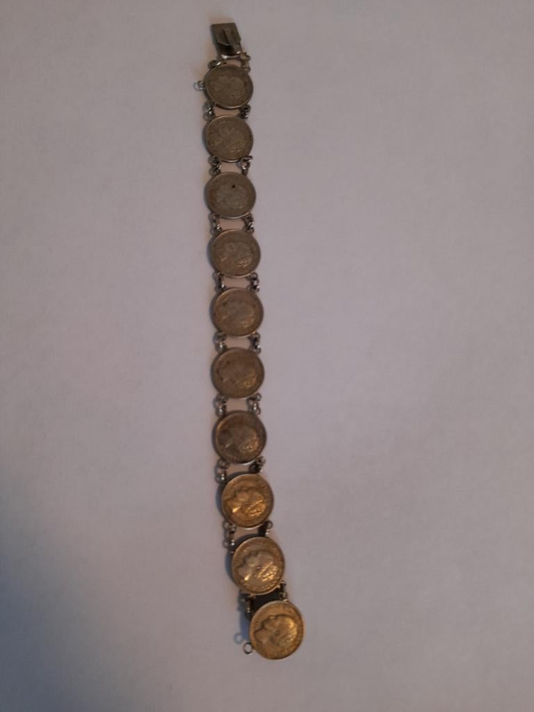 Zilver armband met 10 cent muntjes 1944., Ophalen of Verzenden, Zilver, Zilver