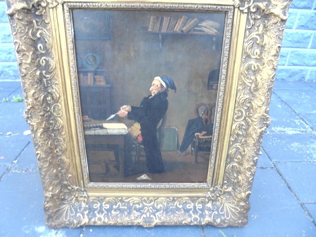 olieverf boek lezende man op paneel, Ophalen of Verzenden