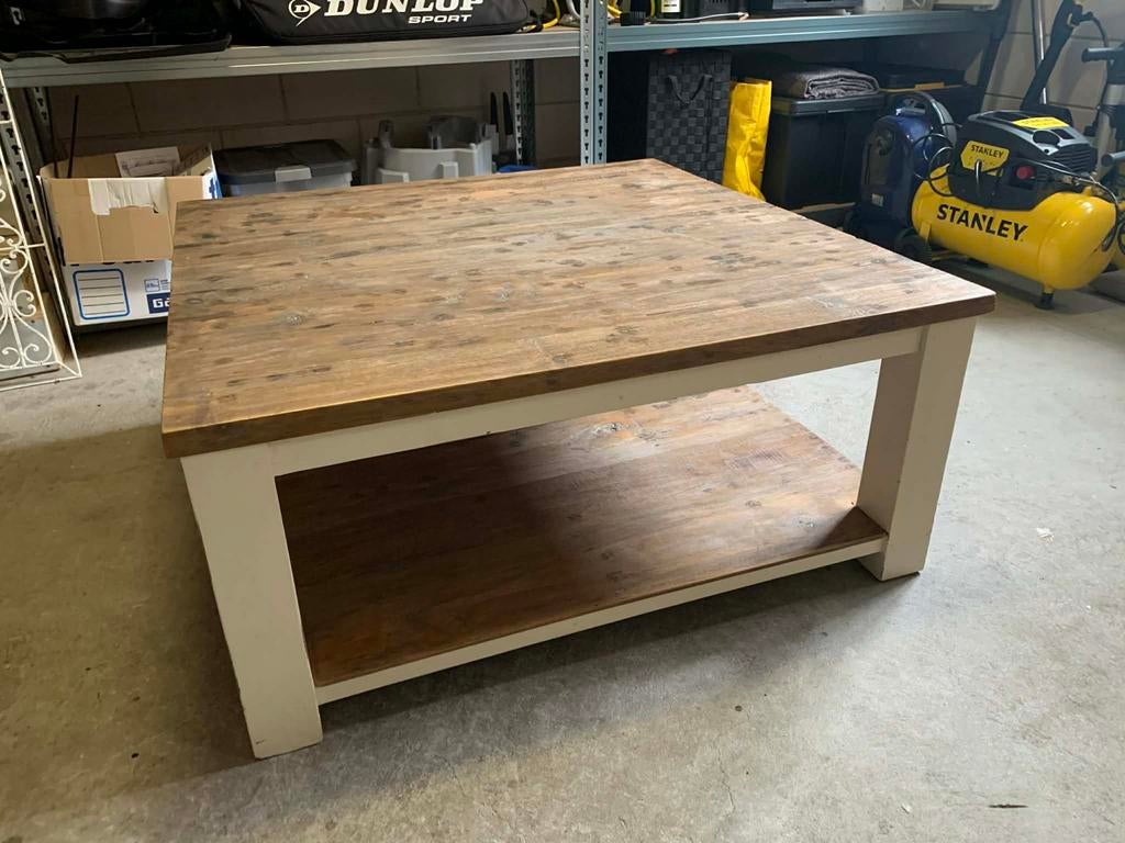 Robuuste houten salontafel 100x100 - wit onderstel, Ophalen, Gebruikt, 50 tot 75 cm, Vierkant