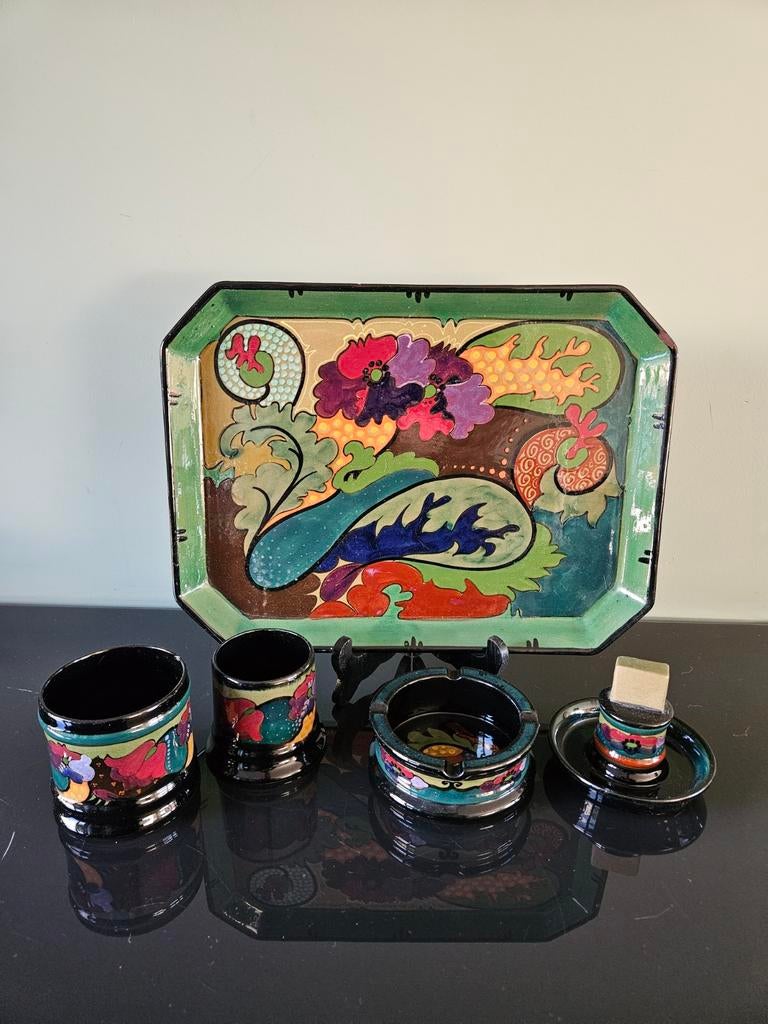 Gouda glansplateel/ plateel rookset floraal Art Nouveau, Ophalen of Verzenden