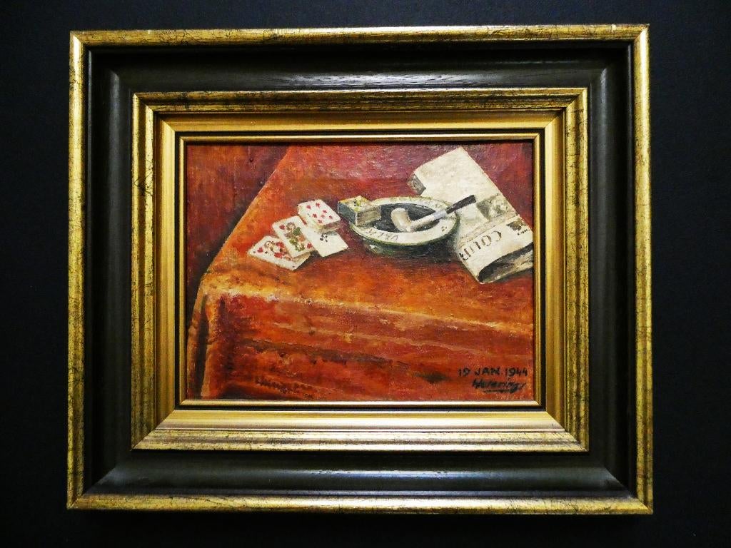Stilleven speelkaarten met tabakspijp gesign. 1944 Wetering, Antiek en Kunst, Ophalen of Verzenden