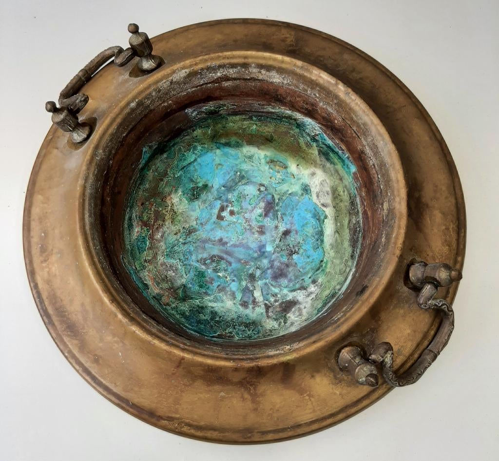 Antieke koperen kastanje pof schaal, Ophalen, Koper