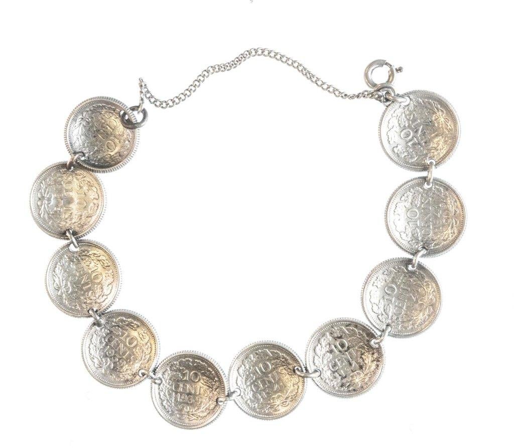 Armband met gebolde 10 cents Wilhelmina opgestoken haar, Setje, Zilver, Ophalen of Verzenden, 10 cent
