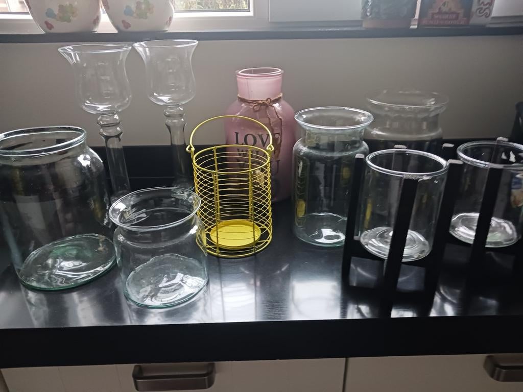 Partij windlichten/ vazen, 10 stuks, glas, windlicht, vaas,, Ophalen, Overige materialen, Minder dan 25 cm
