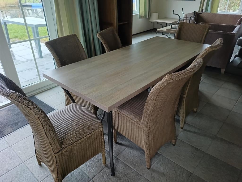 Nette eetkamertafel 90x1.80 met 6 Lloyd Loom stoelen, Ophalen, Gebruikt, 4 tot 6 stoelen