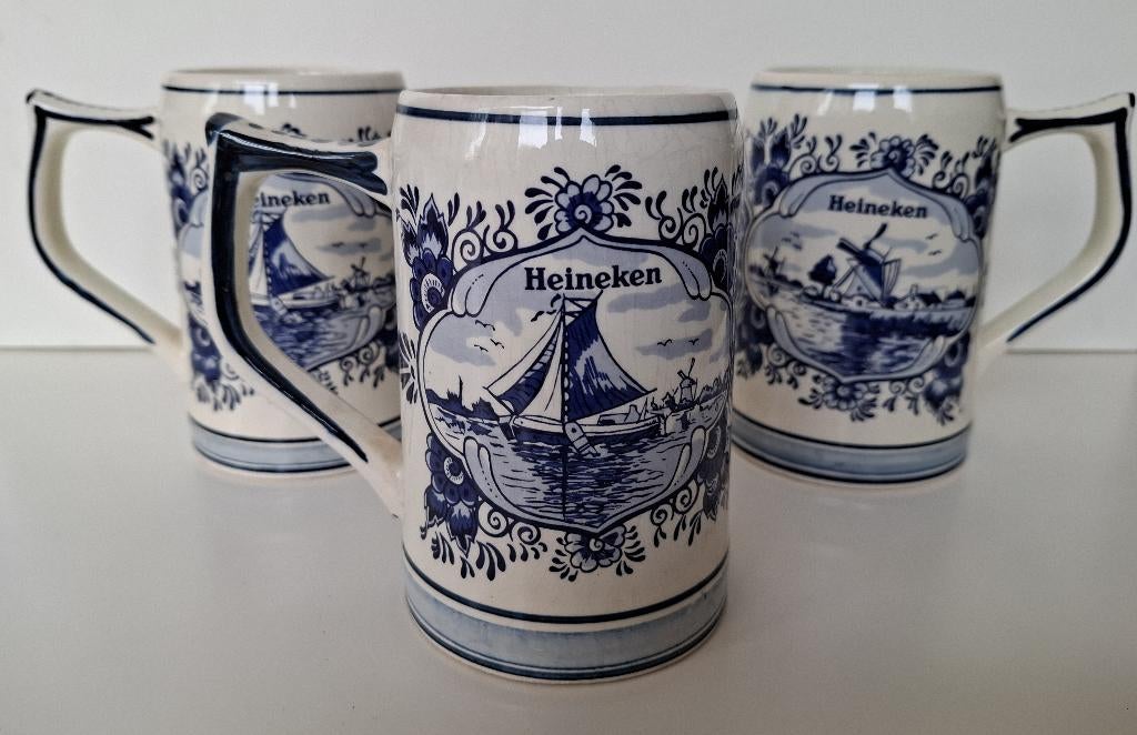 Heineken bierpullen (3 stuks) Delfsblauw, Verzamelen, Biermerken, Ophalen, Gebruikt, Pul(len), Heineken