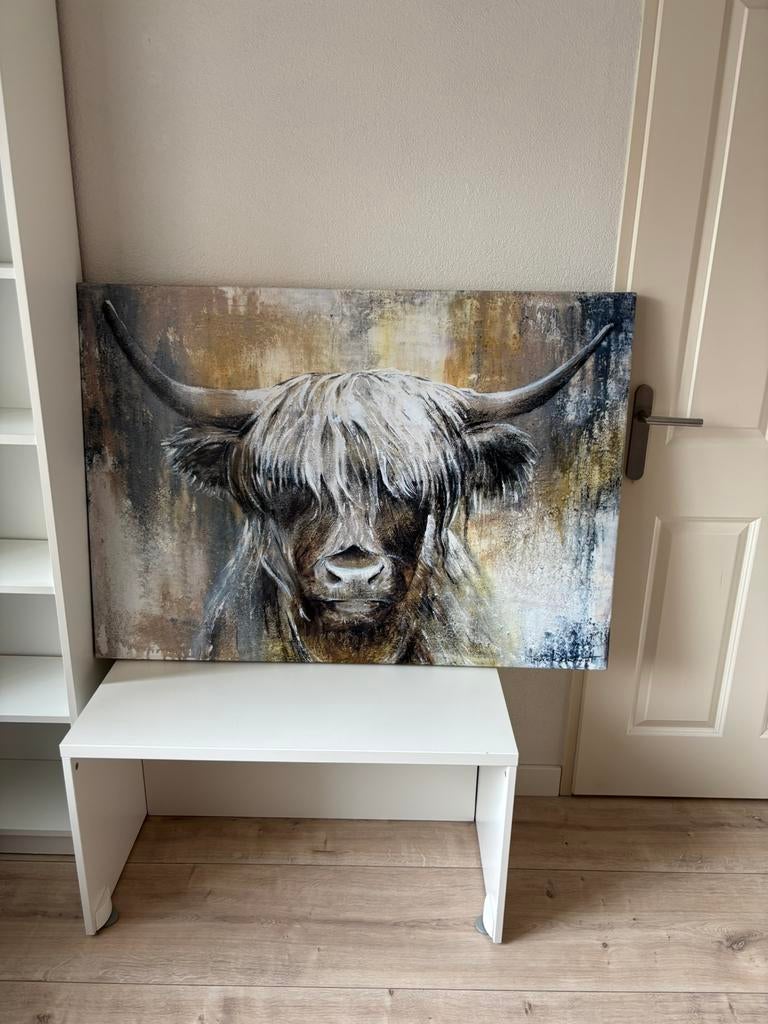 Canvas schotse hooglander 120x85, Ophalen, Zo goed als nieuw, Schilderij, 75 cm of meer