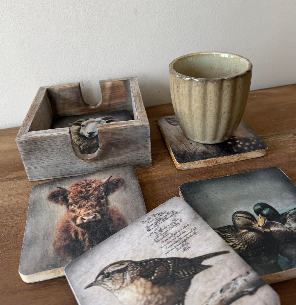 Houten onderzetters met print  in houder, Glas of Kopje, -, -, Nieuw