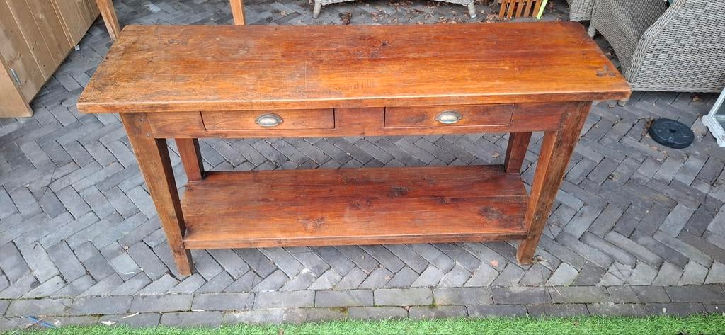 Houten brocante sidetable met 2 laadjes, Huis en Inrichting, Tafels | Sidetables, Ophalen, 25 tot 50 cm, Rechthoekig, 100 tot 150 cm