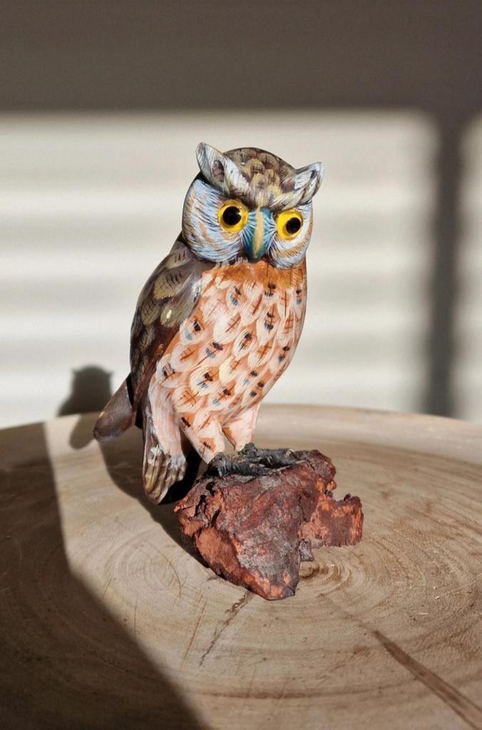 Vintage jaren '70 handgeschilderd houten uil, Ophalen of Verzenden, Zo goed als nieuw, Vogel, Beeldje of Figuurtje
