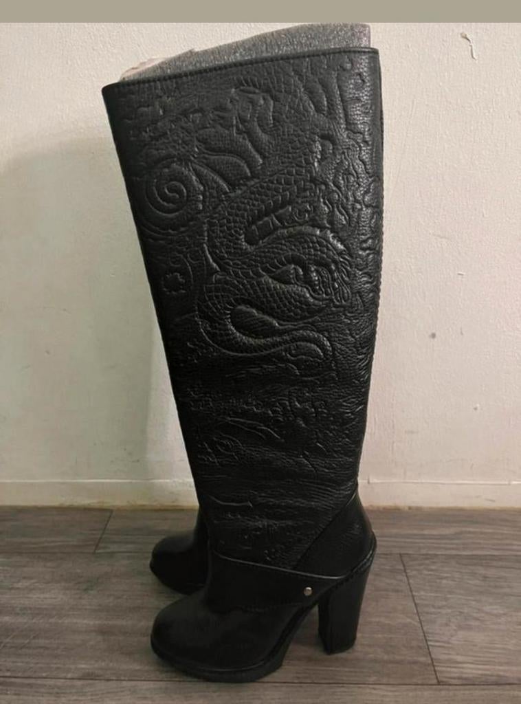 Vintage Jean Paul Gaultier Kniehoge Laarzen Draak Embossing, Hoge laarzen, Zwart, Ophalen of Verzenden, Jean Paul Gaultier