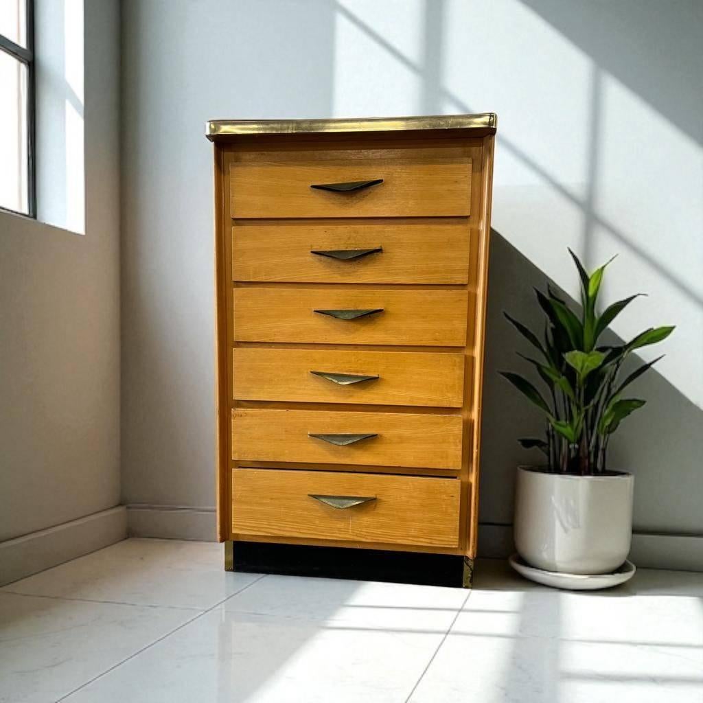 Vintage mini houten ladekast met formica blad, Ophalen, Gebruikt, 105 cm of meer, 100 cm of meer