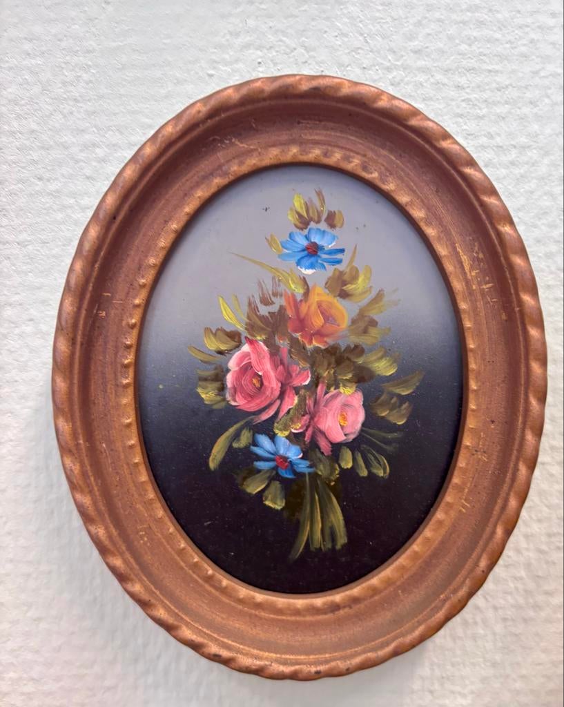 Vintage Ovaal Olieverf Schilderij - Bloemenboeket, Antiek en Kunst, Kunst | Schilderijen | Klassiek, Ophalen of Verzenden