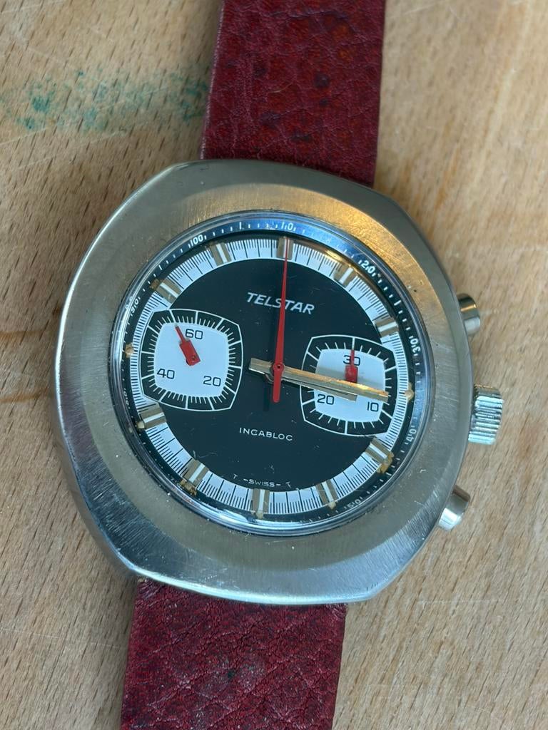 Telstar vintage chronograaf 42mm, Ophalen of Verzenden, Zo goed als nieuw, Leer, Overige merken