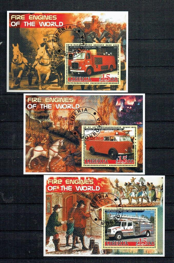 Liberia 2005 Blok Brandweer auto's 3x  2 (2), Postzegels en Munten, Postzegels | Thematische zegels, Gestempeld, Auto's, Verzenden