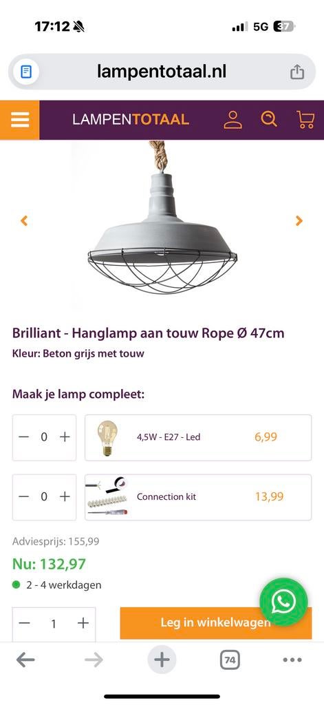 Brilliant Hanglamp Rope Ø47cm - Beton grijs met touw, Ophalen of Verzenden, Nieuw, Metaal, 75 cm of meer
