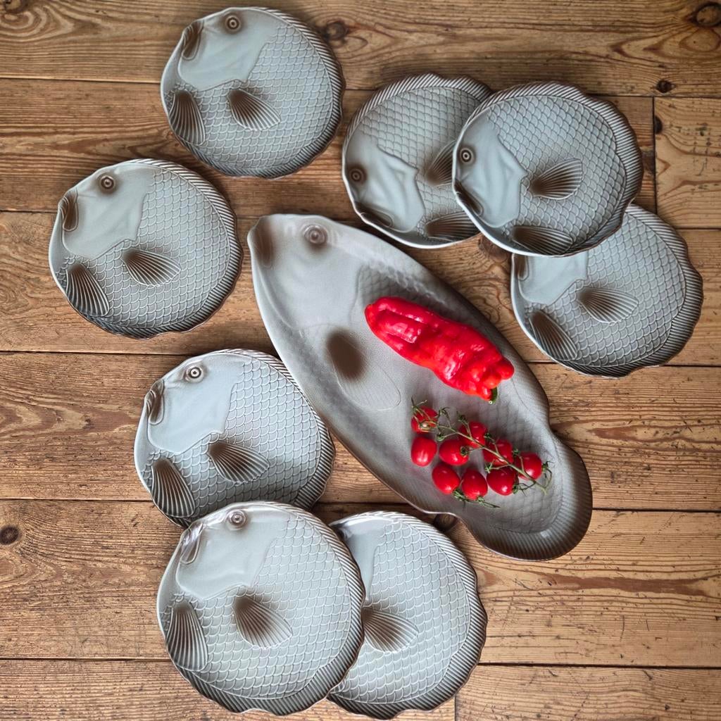 Salins Frankrijk vis servies - 8 borden en 1 schaal, Ophalen of Verzenden