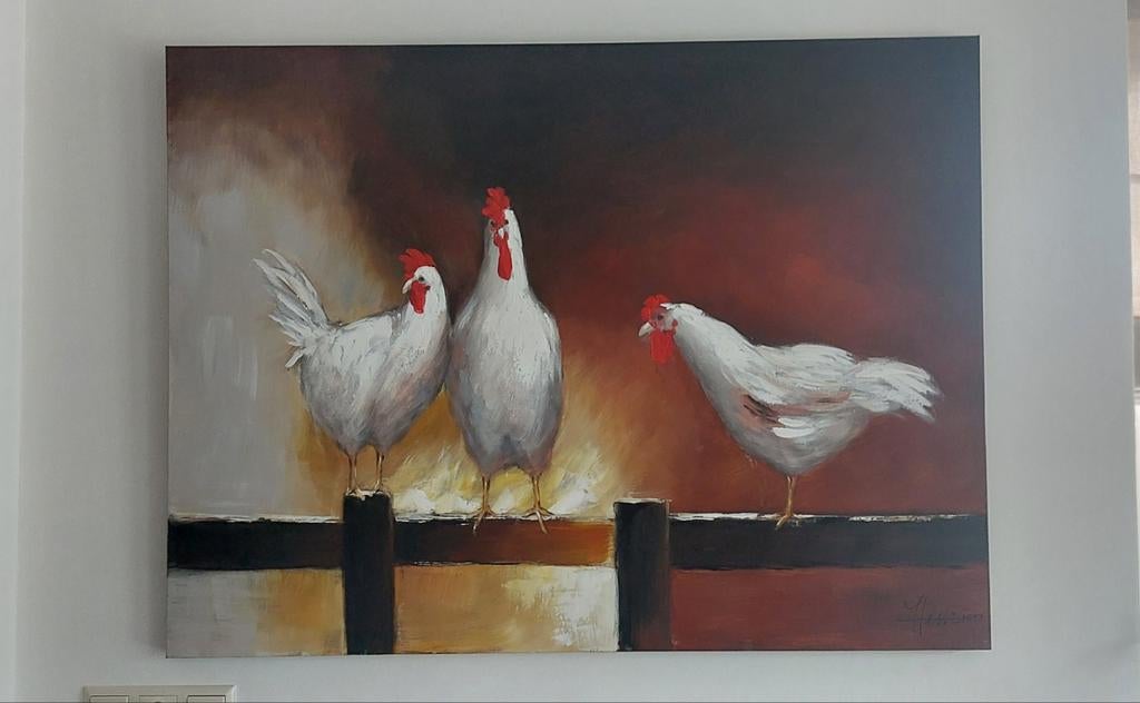 Schilderij met kippen, 120 x 90 cm, Antiek en Kunst, Ophalen