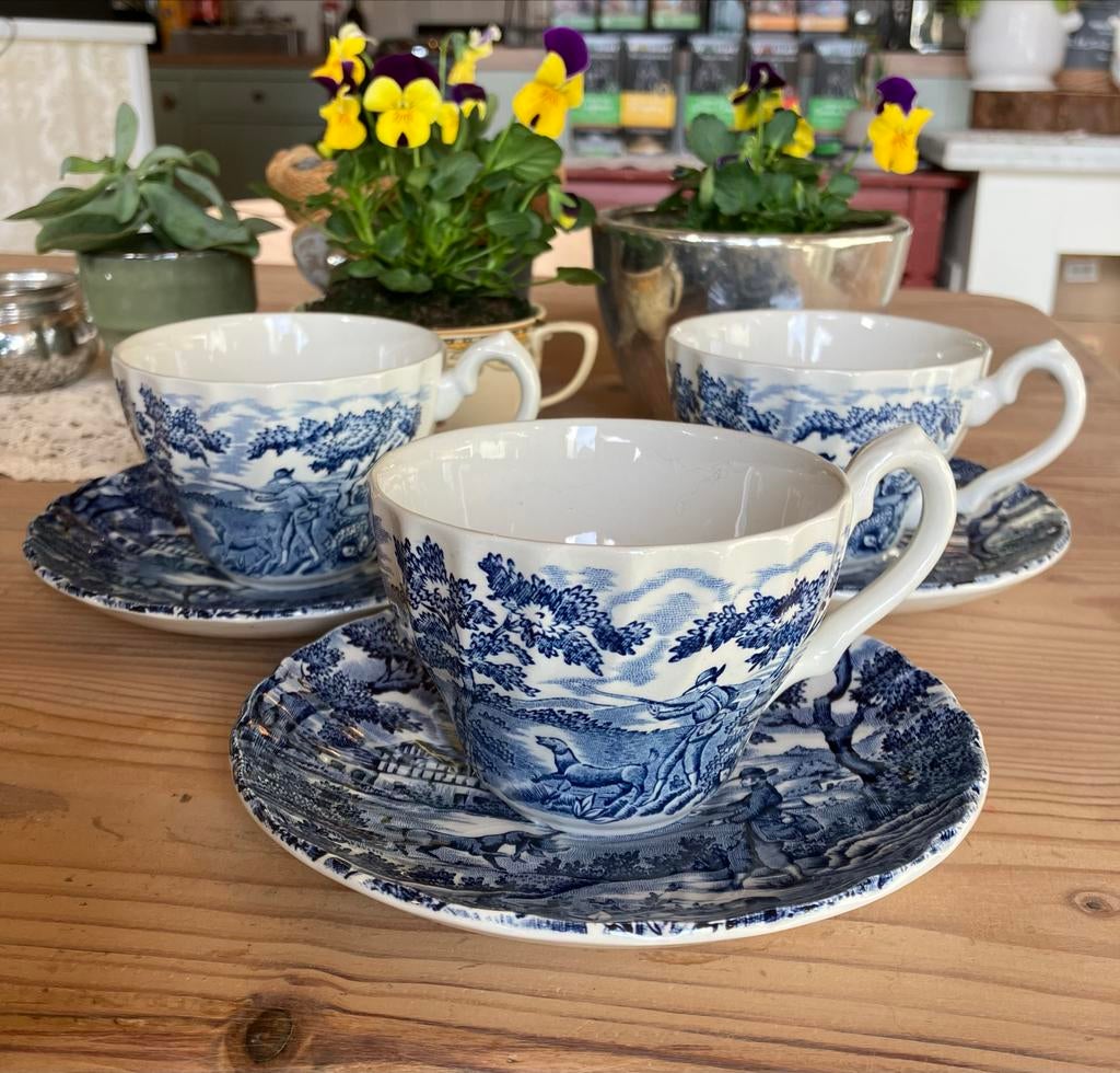 3 Myott The Hunter kop en schotels, blauw wit decor, Ophalen of Verzenden