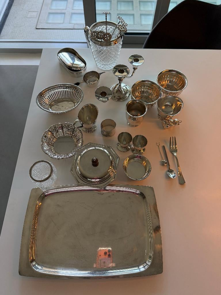 Verzilverd servies, theelepeltjes, rammelaar, kandelaar etc, Antiek en Kunst, Antiek | Goud en Zilver, Ophalen of Verzenden, Zilver