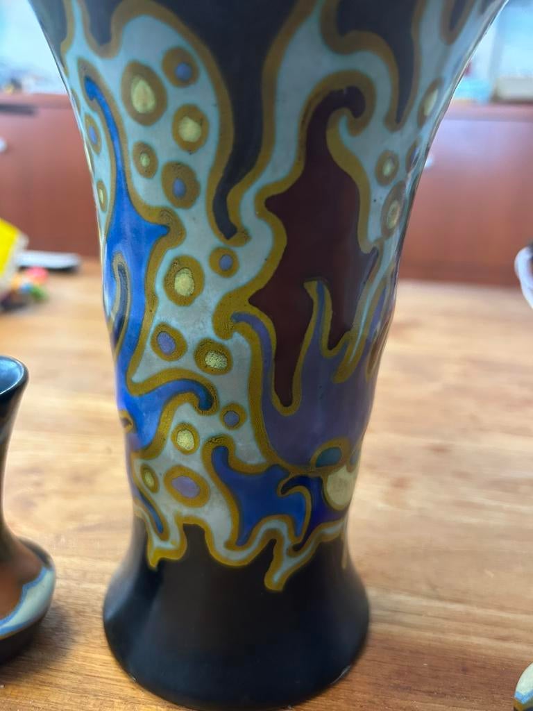Zenith Gouda plateel set (3)–Art Deco /Willem Stuurman stijl, Antiek en Kunst, Antiek | Vazen, Ophalen of Verzenden