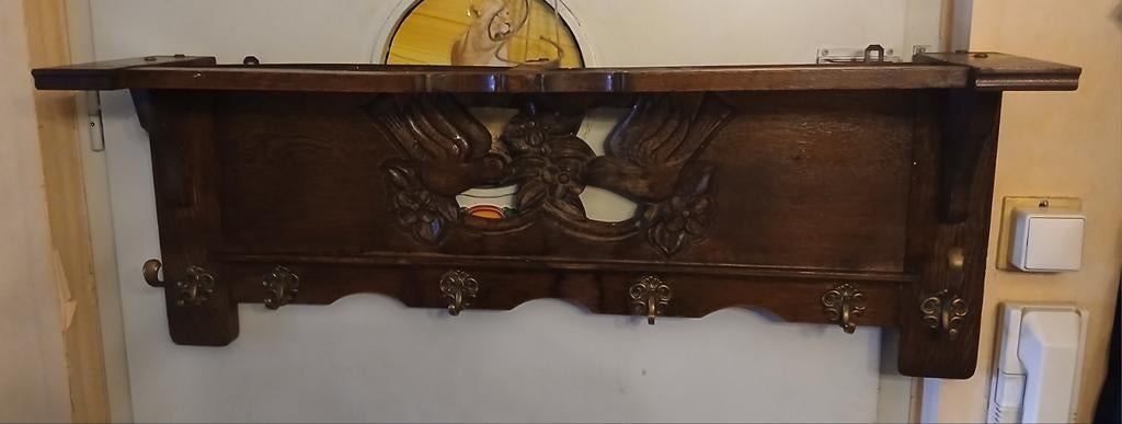 Antieke eiken wandkapstok met hoedenplank, Ophalen, Hout, Wandkapstok, Minder dan 100 cm