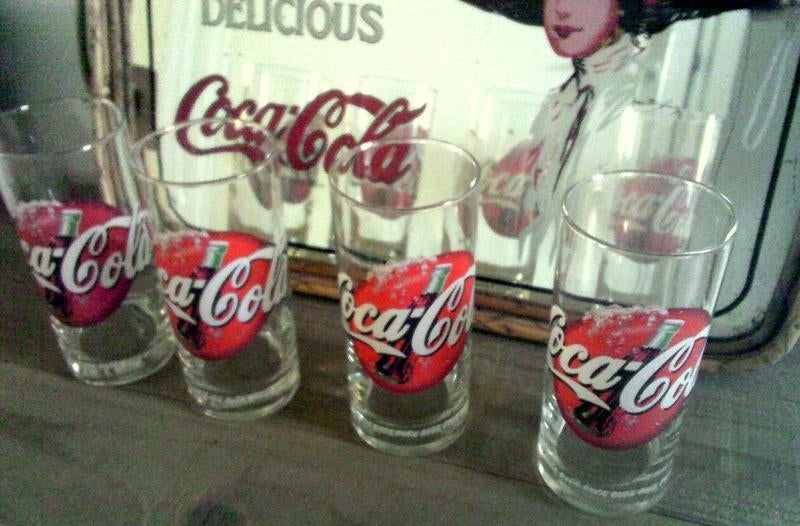 Vintage Coca-Cola glazen, longdrink glazen cola glazen 4X, Glas of Glazen, Gebruikt, Ophalen of Verzenden, Glas