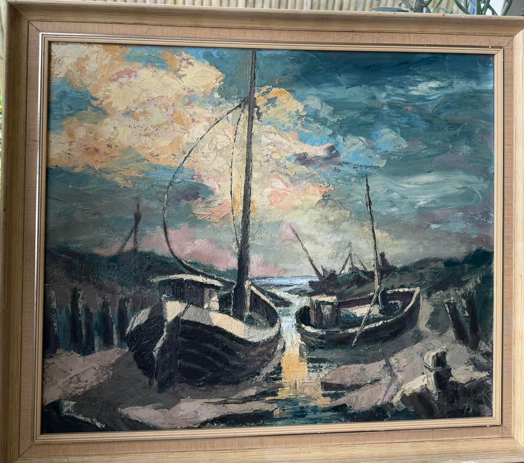 Vissersboten bij het strand, Antiek en Kunst, Kunst | Schilderijen | Klassiek, Ophalen of Verzenden