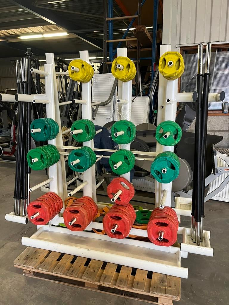 15 x bodypump set stang met  gewichten en rek, Ophalen, Gebruikt, En rek, Halterset