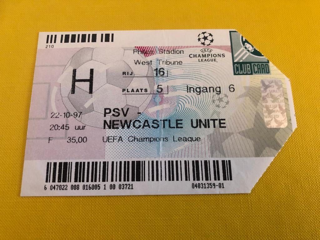 ⚽ Ticket CL PSV - Newcastle Utd 1997/1998 ⚽, Ophalen of Verzenden, Zo goed als nieuw, PSV, Overige typen