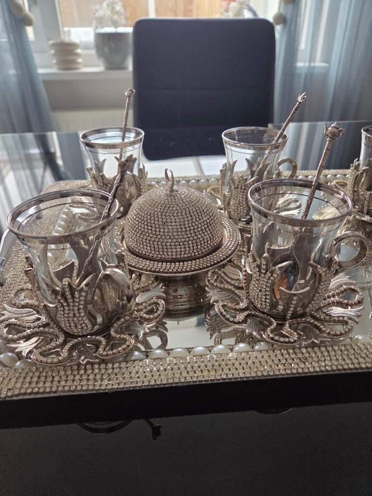 Turkse Thee Glazen Set met Dienblad, Glas of Glazen, Nieuw, Ophalen of Verzenden, Glas