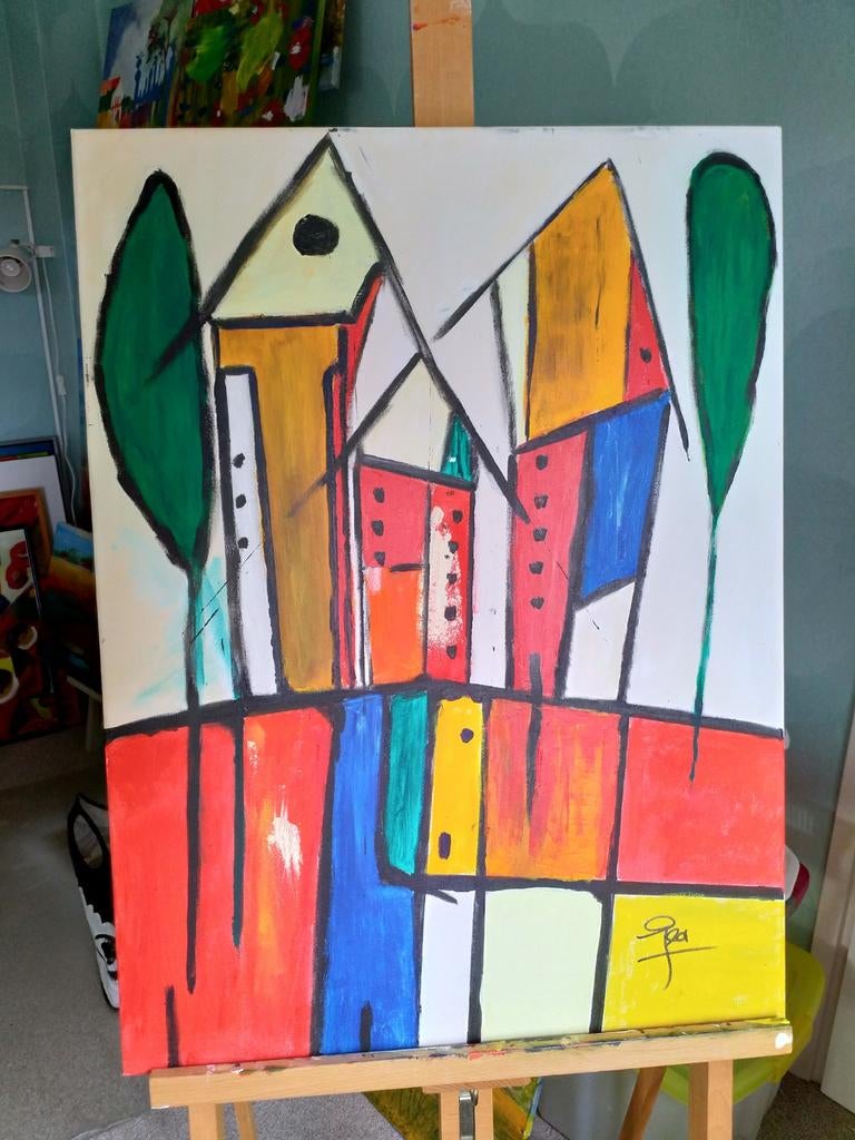 T.e.a.b. 'KERK met bomen'. 70x40 cm. Acryl-linnen. T.e.a.b, Ophalen