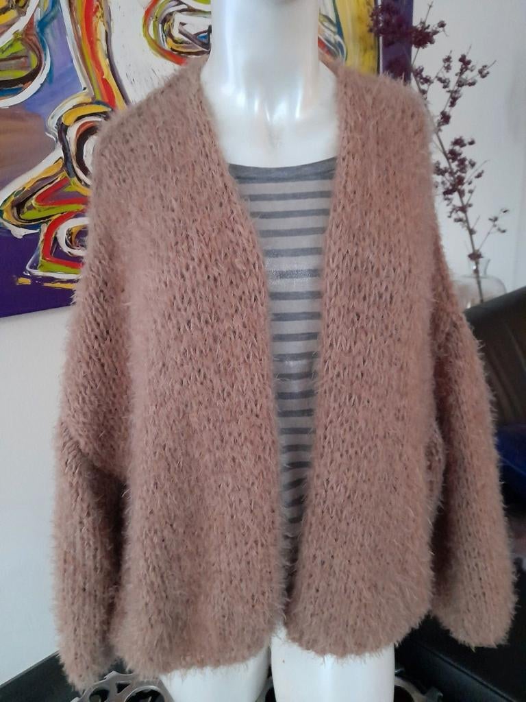 Handgebreid oversized beige/taupe vest model Kiro by Kim, Kleding | Dames, Truien en Vesten, Nieuw, Maat 38/40 (M), Beige, Ophalen of Verzenden