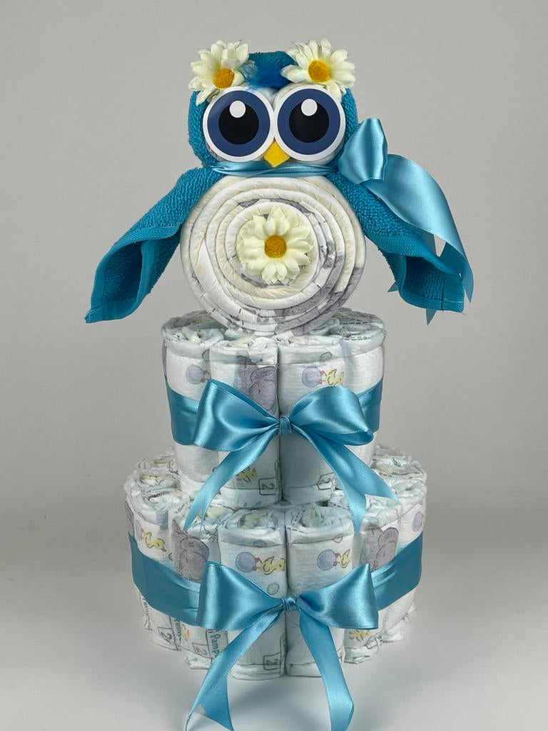 Luiertaart jongen uil aqua blauw, Kinderen en Baby's, Kraamcadeaus en Geboorteborden, Ophalen of Verzenden, Nieuw, Kraamcadeau