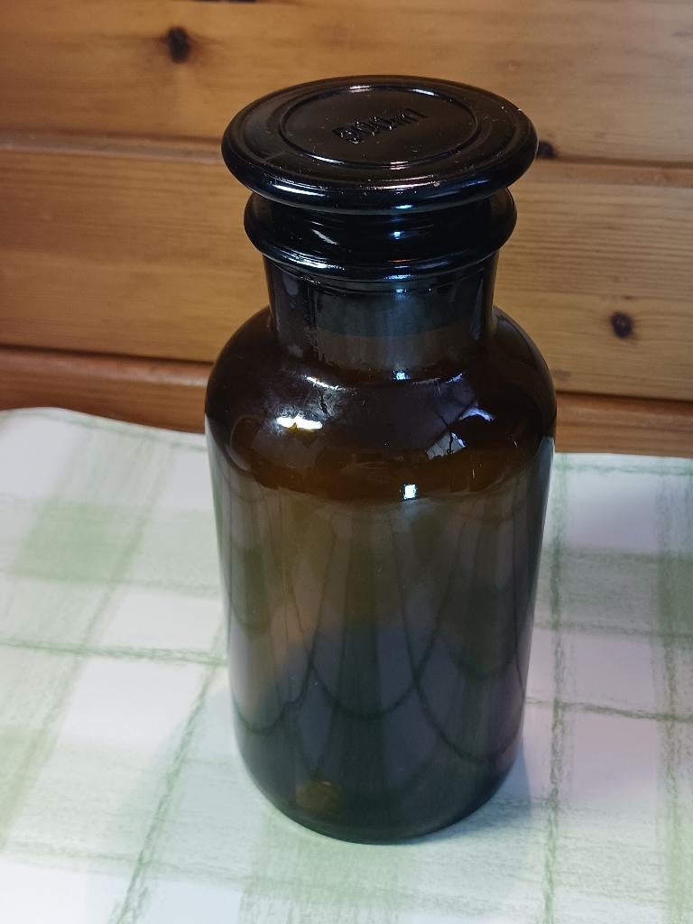 Apothekerspot Bruin glas platte deksel, Antiek en Kunst, Ophalen of Verzenden