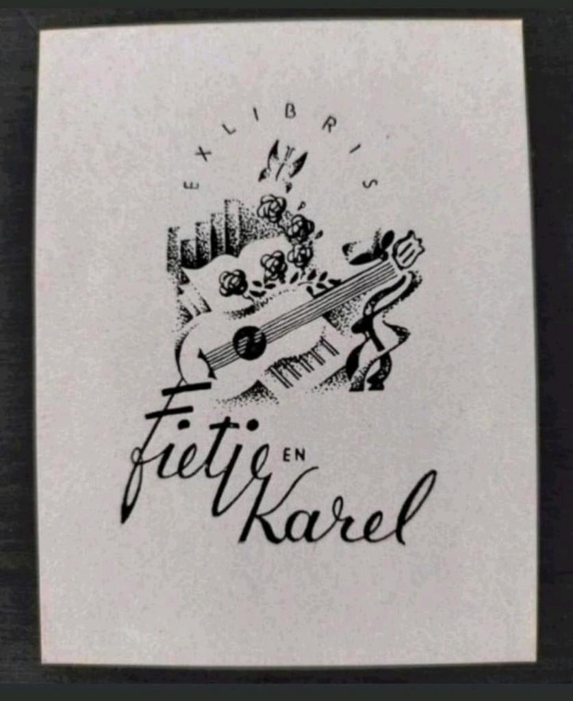 Exlibris Fietje en Karel (G.H. Hahn, 1945) (gitaar, vlinder), Ophalen of Verzenden