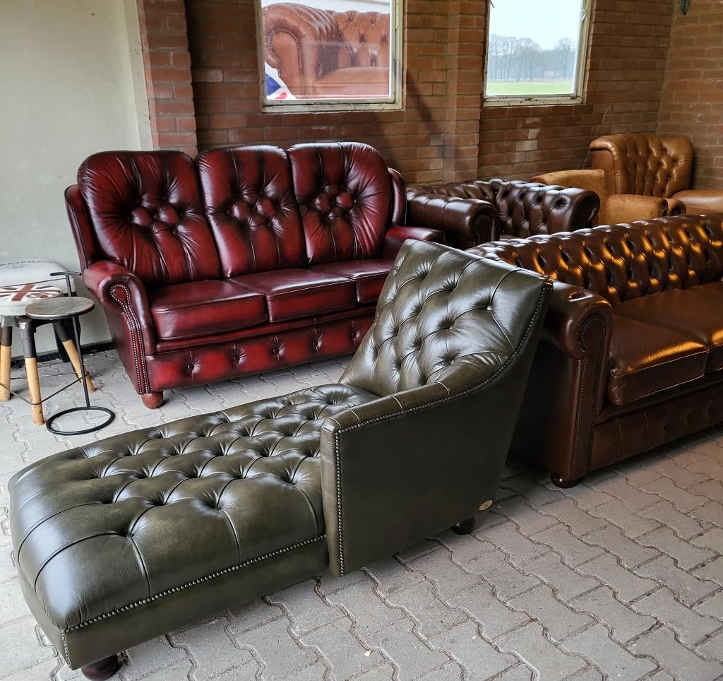 Chesterfield chaise lounge olive green, groen leer, Ophalen, Eenpersoons, Chesterfield, Leer