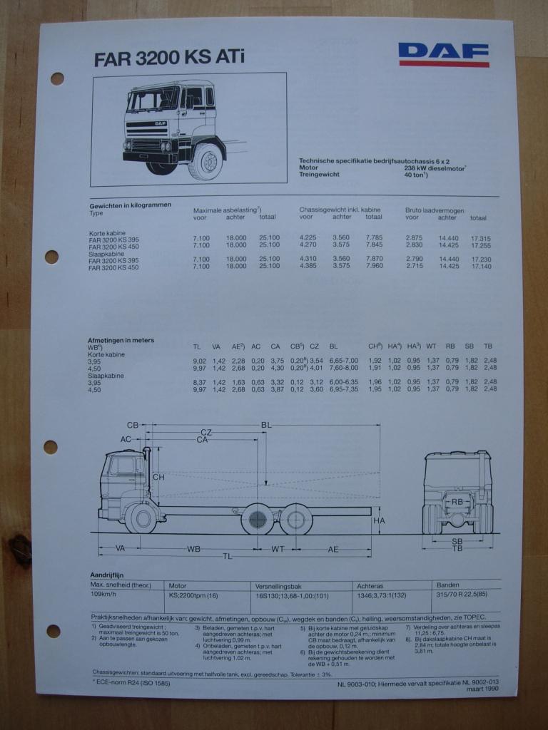 DAF FAR 3200 KS ATi Technische Specificatie Folder 1990 6x2, Ophalen of Verzenden, Zo goed als nieuw, Overige merken, DAF